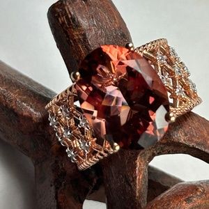 Rose gold over sterling silver oval quartz ring with white zircons